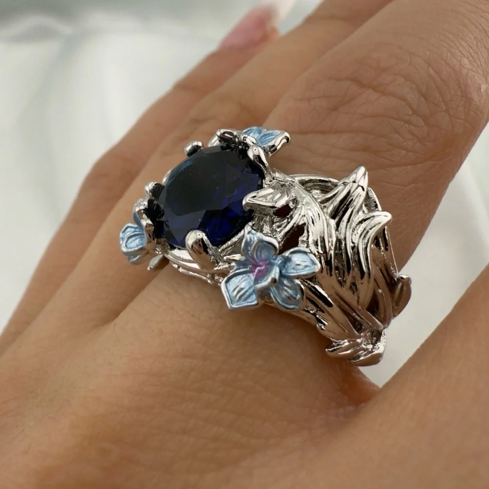 Anthropologie Elegant Silver and Blue Floral Ring